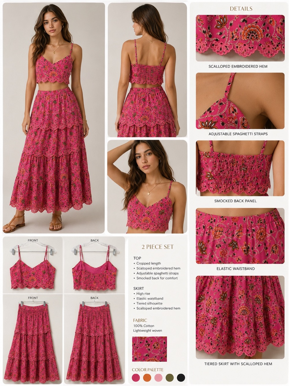 NWT Caroline Constas Pink Floral Cotton 2-Piece Set Crop Top Tiered Midi Skirt - Picture 1 of 17